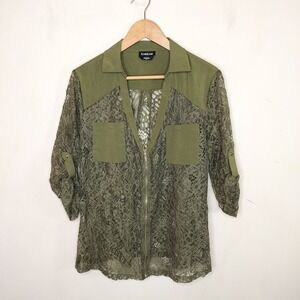Bebe Green Lace Top Zip Front Sheer Tab Sleeve